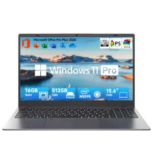 BLUEING 15.6 Inch Laptop-Computer with MS Office, 12th Gen Intel Quad-Core N5095, 16GB RAM 512GB SSD (Expandable to 2TB), Win 11 Laptop, Backlit, Fingerprint, Type-C, HDMI, USB3.2, BT5.0, WiFi 5G